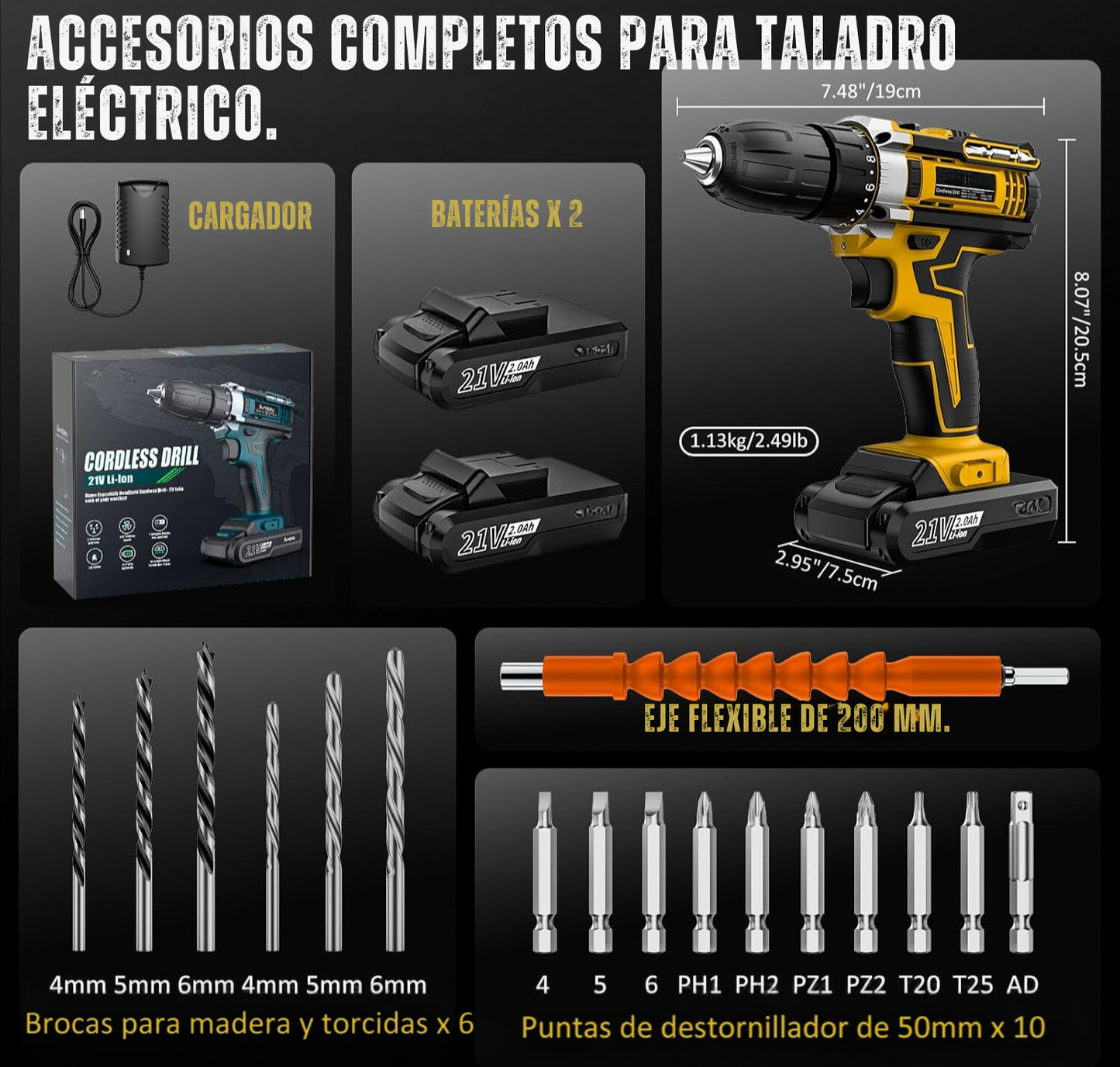 DrillPro - Taladro inalámbrico +2 Baterías y Accesorios de Regalo